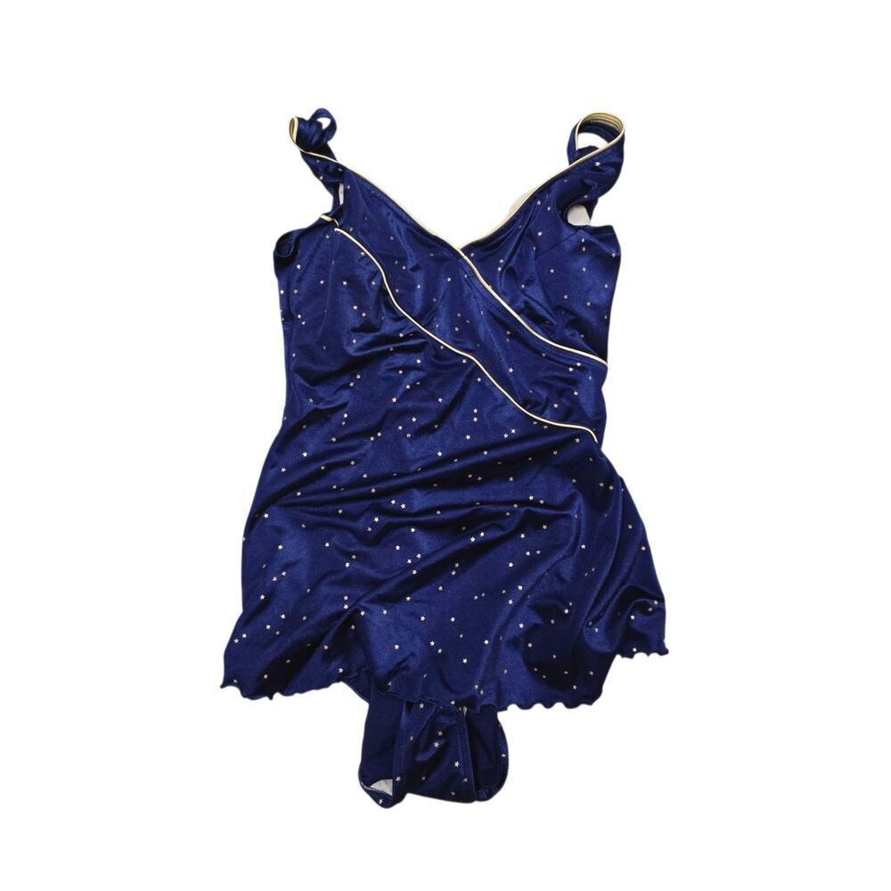 Slim Allure Gold Star Accents One Piece Swimsuit Navy Blue Size M